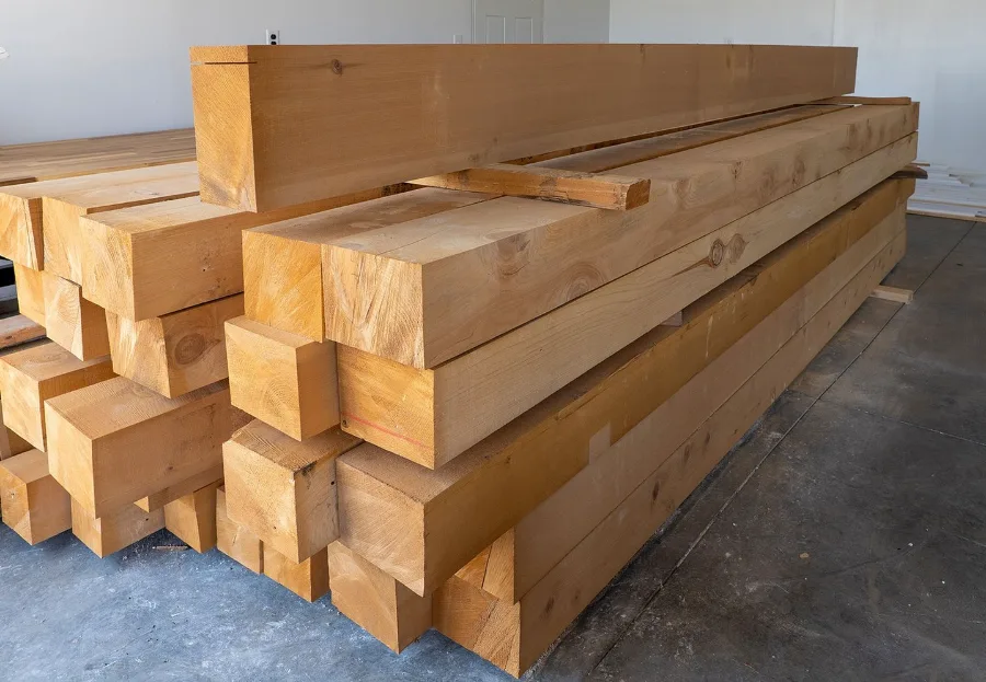 Stacked rough sawn cedar timbers